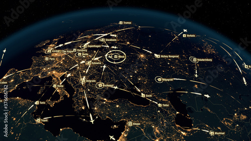 Fototapeta Naklejka Na Ścianę i Meble -  Global Communications - Destinations Over Europe. Airport International Connectivity. World Airplane Flight Travel Plans Connections. The HiRes Texture of City Lights. 3D Rendering.
