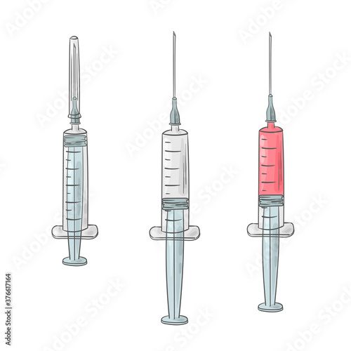 Syringe doodle. Sterile syringe, vaccine, blood test sample. Covid-19 coronavirus protection and treatment. Medical doodles.