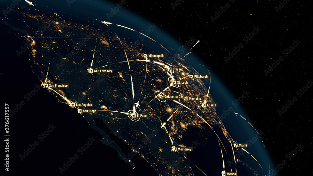 Obraz premium Flight Paths Over North America. North American Air Routes. Flight Connections. Global Communications - Destinations all over the World. Airport International Connectivity. City Lights. 3D Rendering.