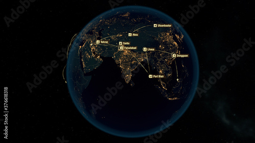 Fototapeta Naklejka Na Ścianę i Meble -  Flight Paths in Asia. World Airplane Flight Travel Plans. Global Flight Connections. City Lights and Names. 3D Illustration.