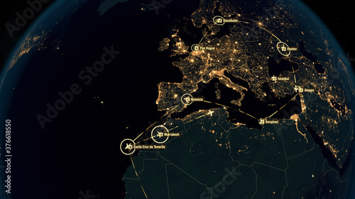Flight Paths Over Europe. World Airplane Flight Travel Plans Connections. Global Communications - 3D Illustration. Airports Departures and Arrivals. Transportation Clusters. City Names