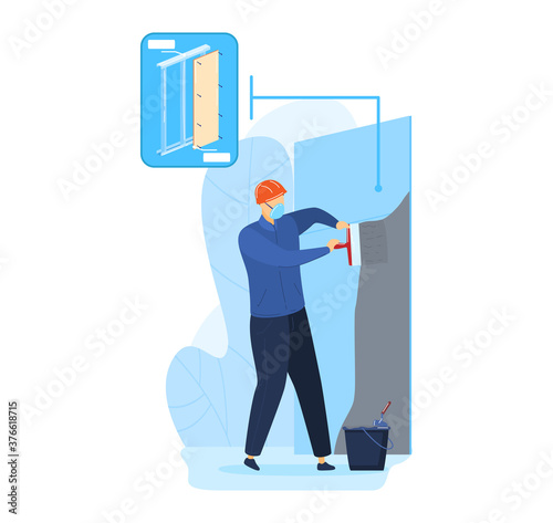 Construction renovation worker at repair, vector illustration. Man builder character plastering wall by cement, trowel tool. Plaster service with professional equipment, concrete house work.
