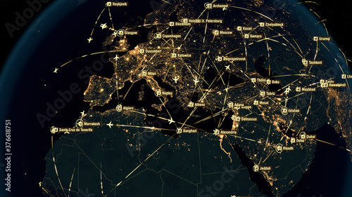 Flight Paths Over Europe. World Airplane Flight Travel Plans Connections. Global Communications - 3D Illustration. Airports Departures and Arrivals. Transportation Clusters. City Names photo