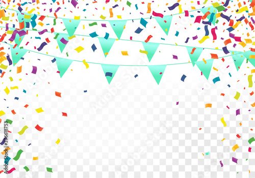 Celebration background template with confetti and variety colors ribbons.