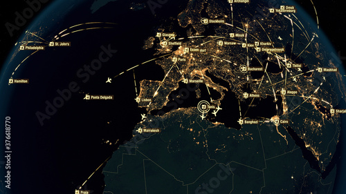 Fototapeta Naklejka Na Ścianę i Meble -  Flight Paths Over Europe. World Airplane Flight Travel Plans Connections. Global Communications - 3D Illustration. Airports Departures and Arrivals. Transportation Clusters. City Names