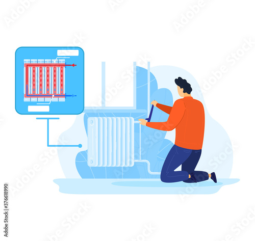 Radiator in house, home repair by professional handyman vector illustration. Man worker service at construction, cartoon worker with tool. Craftsman profession with indoor heating, interior workman.