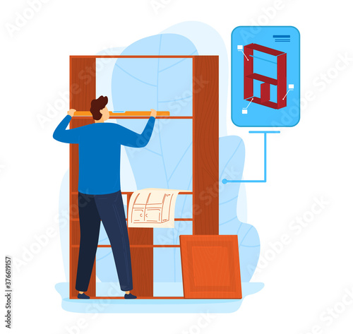 Furniture shelf repair, worker man build wooden construction, vector illustration. Male repairman do renovation with carpenter tool. Handyman person use screwdriver, home character.