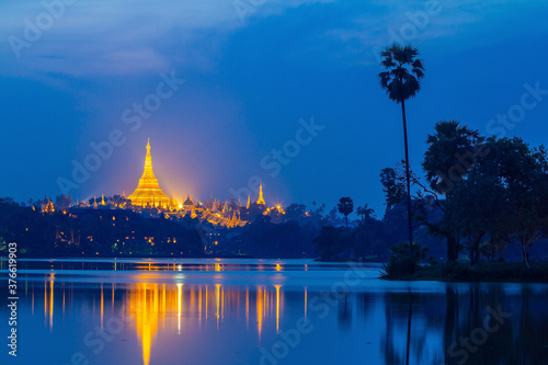 Shwedagon pagoda at sunset, Great Dagon Pagoda in Yangon Myanmar © f11photo