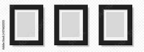 Realistic photo frame template. Set of dark rectangular photo frames on a plane with a shadow. Vector elements isolated on transparent background.