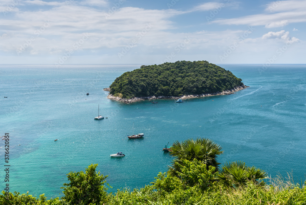 View of the Ko Man island from the Windmill Viewpoint - landmark in Phuket, Thailand