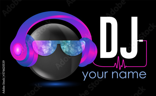 Dj 3D Logo Design. Creative vector logo design with headphones and DJ with glasses. Music logotype. For accessory, brand, identity, logotype, company, shop, dj party. Black background. Mp3 sign.