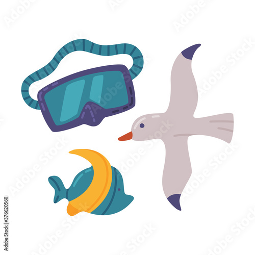 Travel or Vacation Accessories Set, Diving Mask, Seagull, and Sea Fish, Journey on Holidays, Adventure, Tourism Cartoon Style Vector Illustration