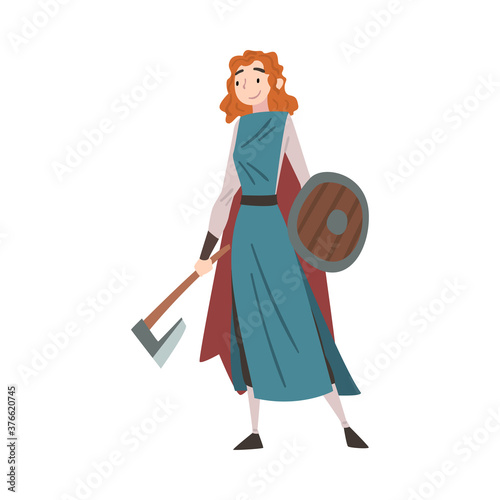 Girl Viking with Battle Axe and Shield, Medieval Female Warrior, Scandinavian Mythology Character in Traditional Dress Cartoon Style Vector Illustration