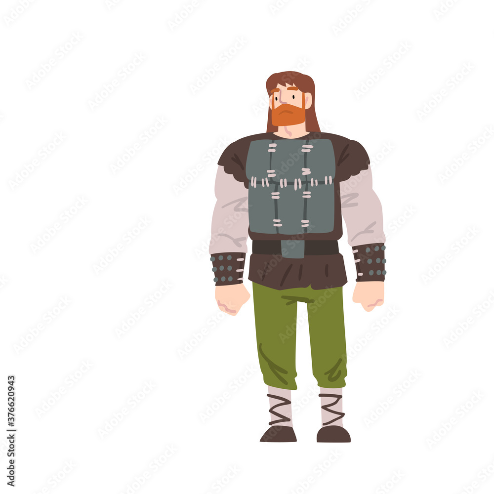 Viking Warrior, Bearded Scandinavian or Norway Character in Traditional Outfit Cartoon Style Vector Illustration