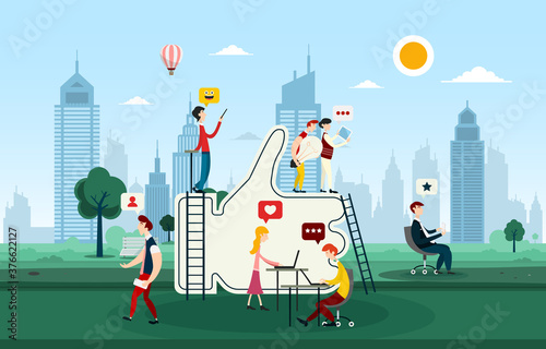 Creative Developers - People Building Thumb up Hand Icon with City on Background