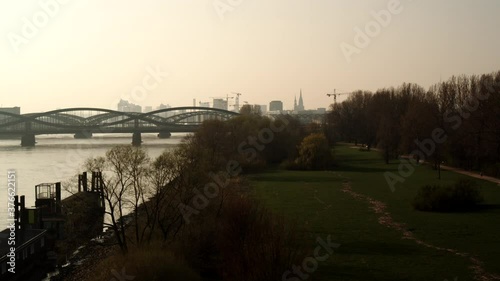 Elbpark Entenwerder and Elbe River at sunset, Hamburg, Germany photo