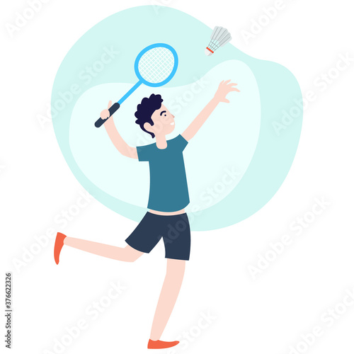 A cute young man playing badminton in the afternoon. Perfect graphics for posters, banners and more