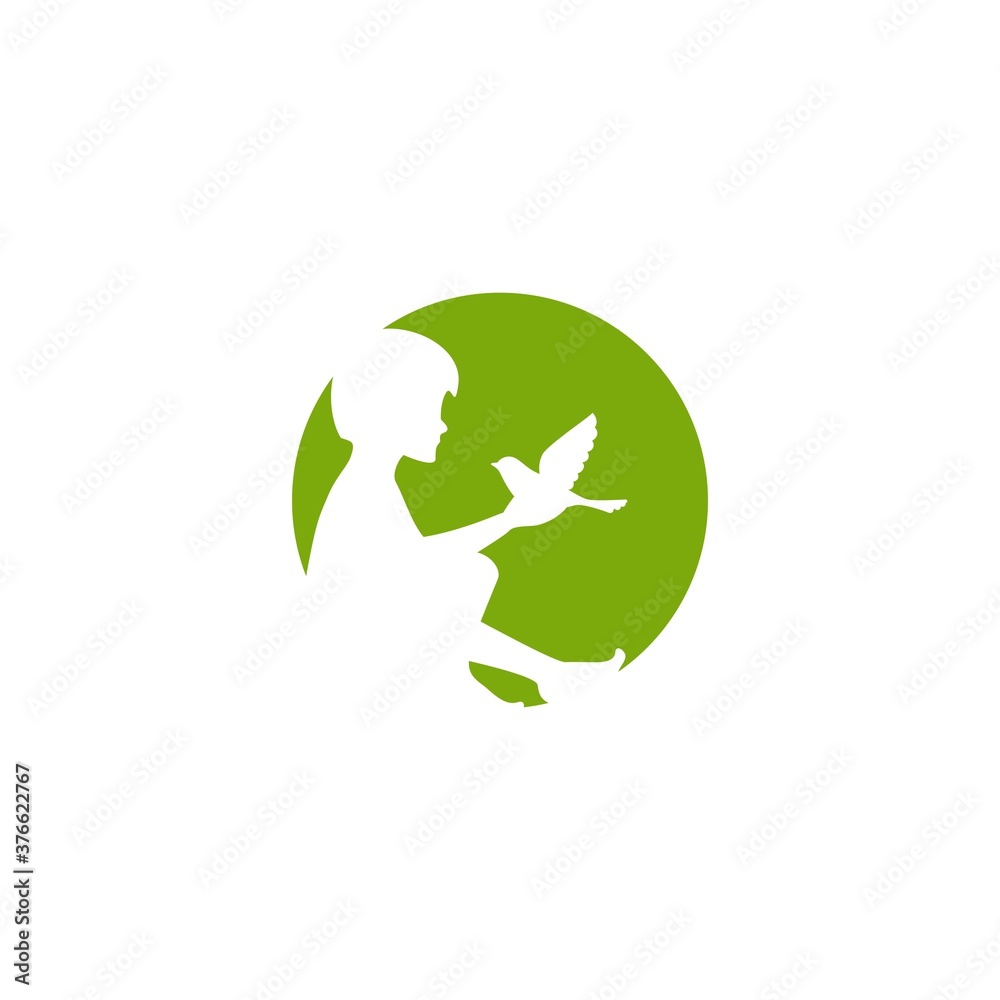 child with bird. White silhouette in green circle isolated on white. Flat vector illustration. child with bird. White silhouette in green circle isolated on white. Flat vector illustration.