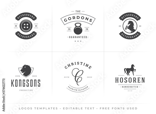 Modern vintage logos templates set with editable fonts