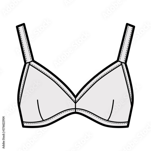 Bustier top bralette technical fashion illustration with adjustable thick straps, clasp fastening at back. Flat bra swimwear lingerie template front grey color. Women, men, unisex underwear CAD mockup