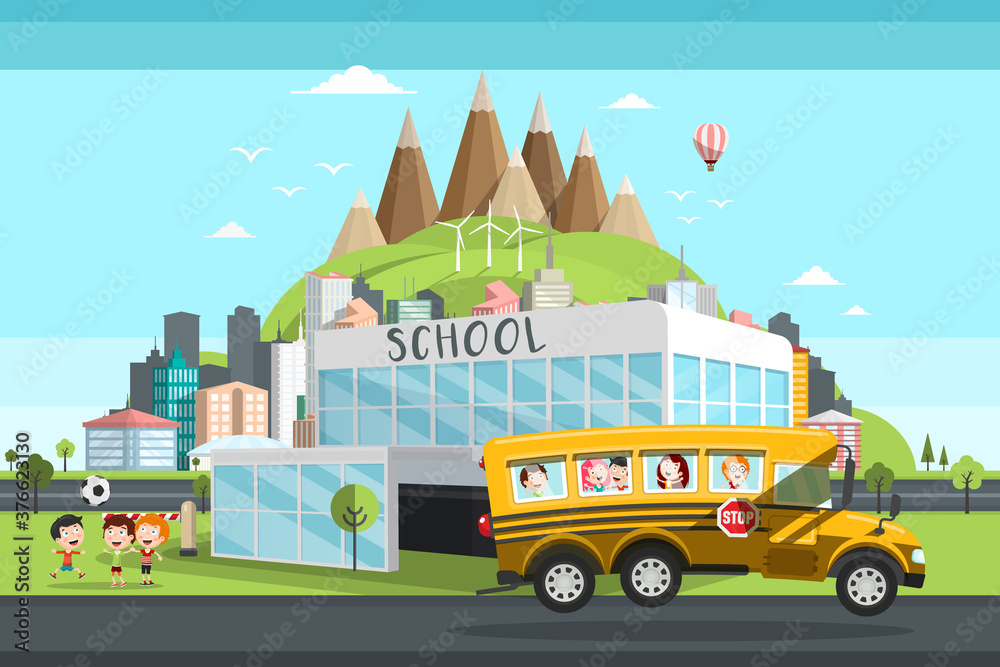 Modern School Building with Kids on Bus, Boys Playing Soccer on Field and Abstract City on Background - Back to School Vector Cartoon Concept