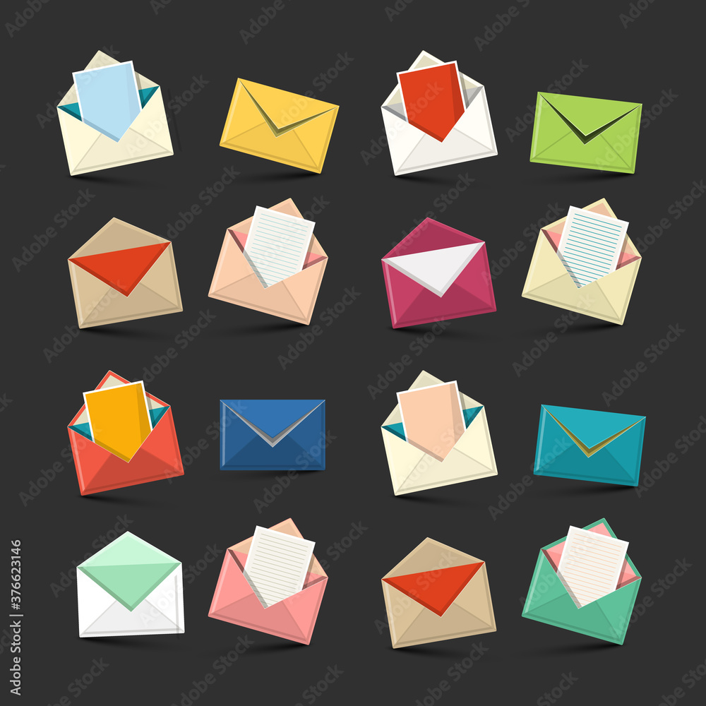 Envelope Icons Set on Dark Background. Vector Paper Opened and Closed Envelope Symbols with Lined Papers Isolated. Envelope Icons Set on Dark Background. Vector Paper Opened and Closed Envelope Symbols with Lined Papers Isolated.