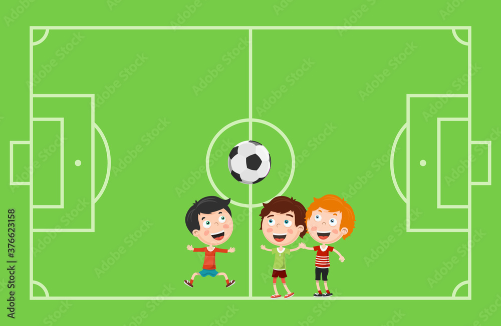 Kids Playing Football with Soccer Playground on Background - Vector