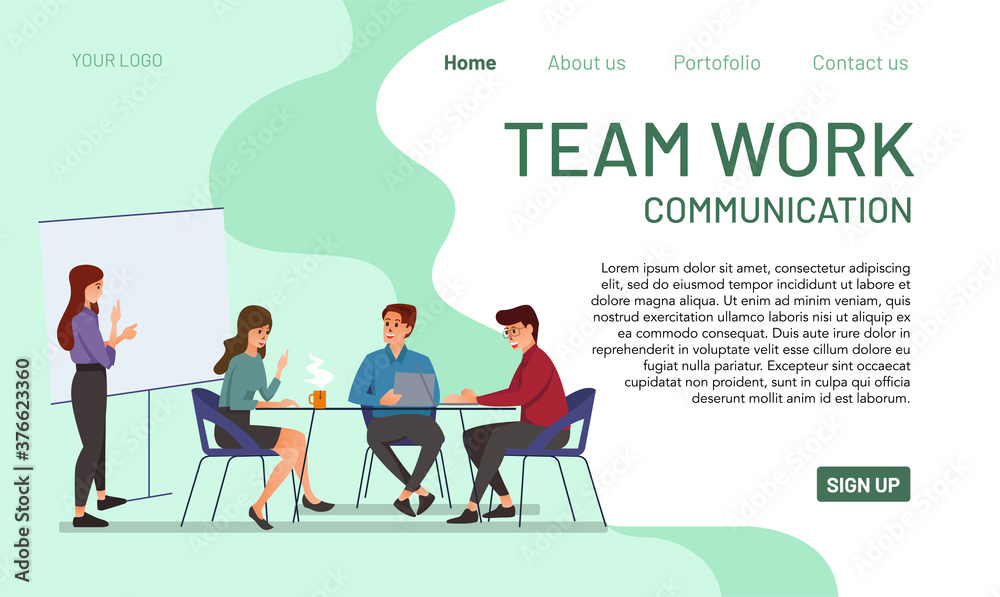 Landing page concept of teamwork and communication. Vector of modern and colorful teamwork communication
