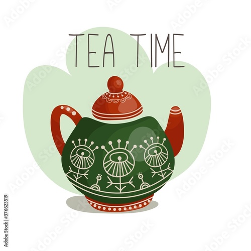 Isolated Christmas teapot for tea on a white background with ethnic pattern, lettering and decorative stain. Vector stock illustration for postcard or print in cute cartoon hygge style.