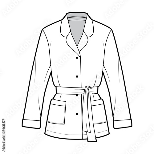 Belted pajama-style wrap shirt technical fashion illustration with relaxed fit, rounded notch collar, long sleeves, square pockets. Flat apparel template front white color. Women men blazer CAD mockup © Vectoressa