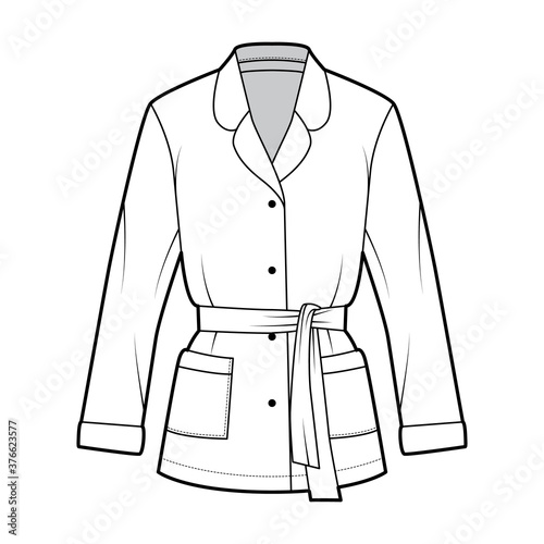 Belted pajama-style wrap shirt technical fashion illustration with relaxed fit, rounded notch collar, long sleeves, square pockets. Flat apparel template front white color. Women men blazer CAD mockup