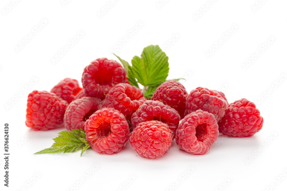  raspberries with leaf isolated on a white background