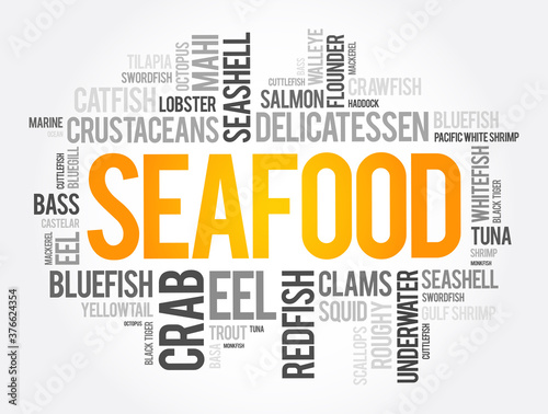 Seafood word cloud collage, food concept background