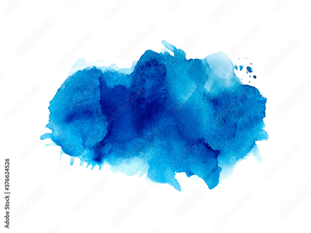blue watercolor paint of brush on white paper.
