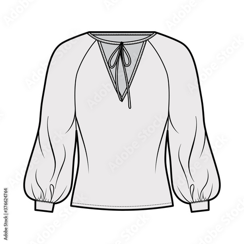 Tie-detailed neckline blouse technical fashion illustration with long raglan bishop sleeves, oversized, elongated hem. Flat apparel shirt template front grey color. Women men, unisex top CAD mockup