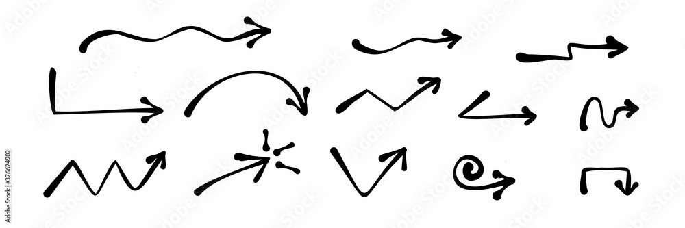 Hand drawn arrows doodle. Handmade sketch symbols set direction mark on a white background. vector illustration graphic design elements.