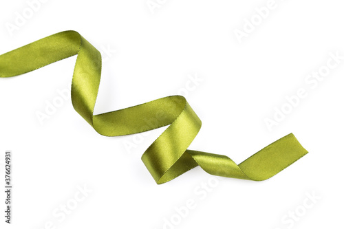 green satin curly ribbon isolated on white background