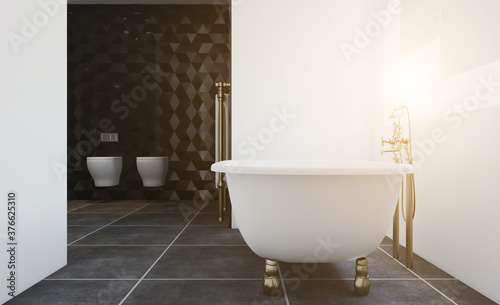 Bright new bathroom interior. 3D rendering.. Sunset.