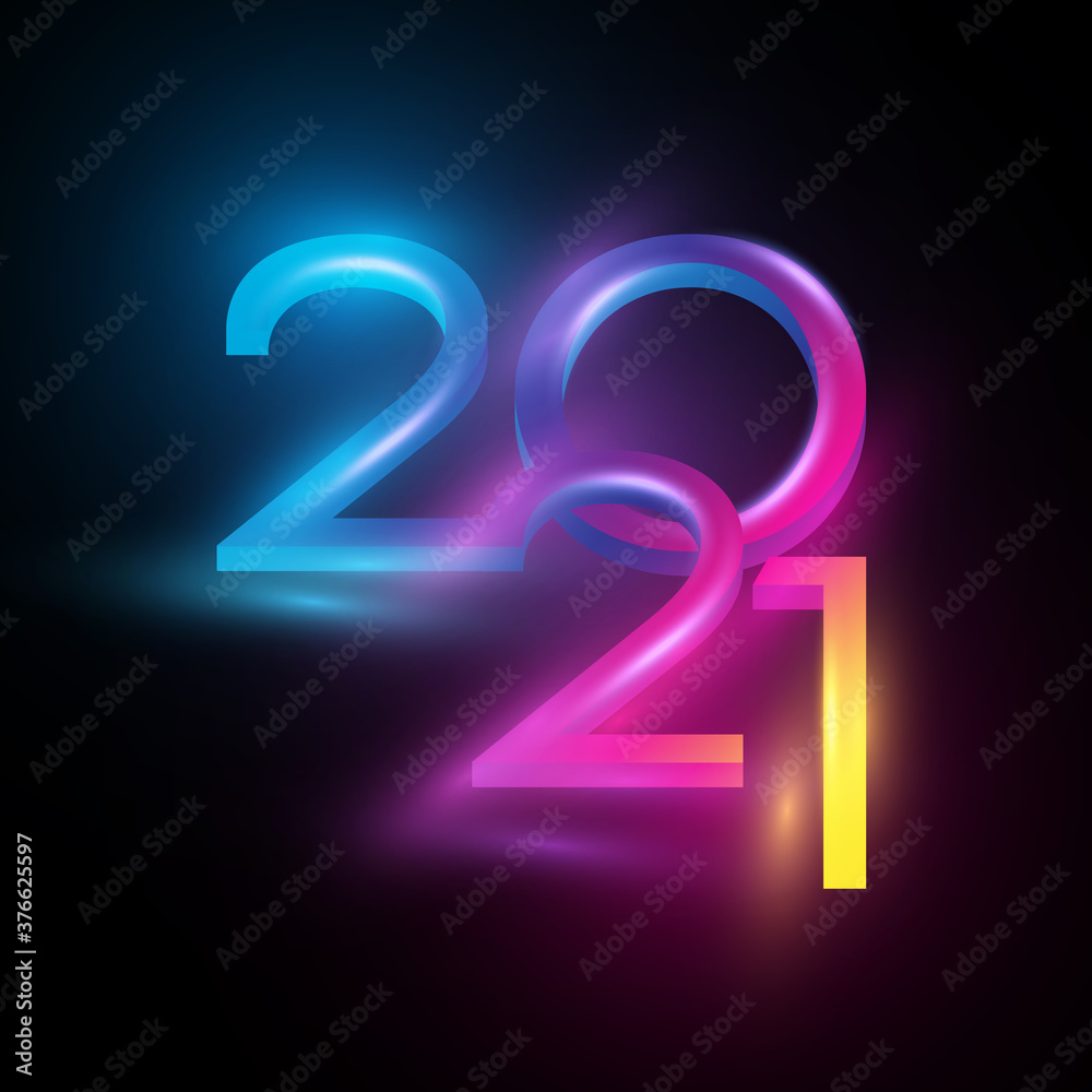 New year 2021 neon light effect, colorful glowing numbers isolated on black background New year 2021 neon light effect, colorful glowing numbers isolated on black background