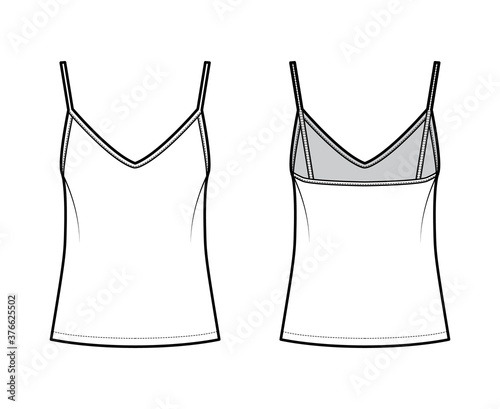 Camisole slip top technical fashion illustration with sweetheart neck, thin straps, relax fit, back zip fastening. Flat outwear tank template front, back, white color. Women, men, unisex CAD mockup