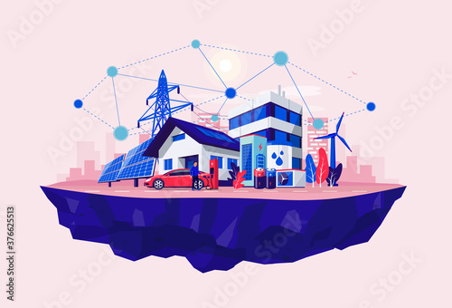 Smart renewable energy power grid system. Off-grid household city battery storage sustainable island electrification. Electric car charging with solar panels, wind, high voltage power grid and city. 