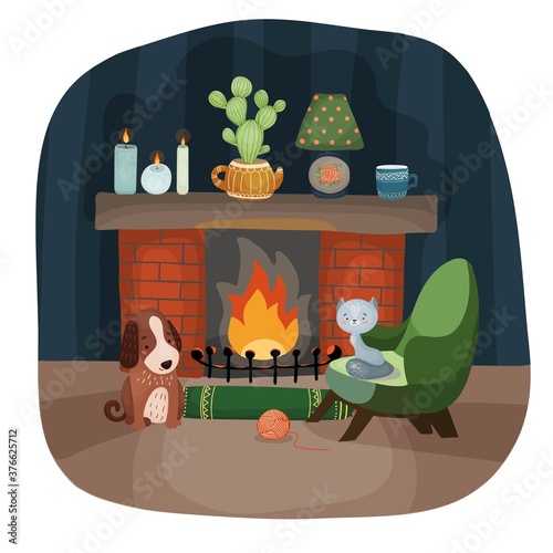 Homelike interior by a burning fireplace with a green armchair, carpet and pets. Vector illustration in cartoon flat hygge style