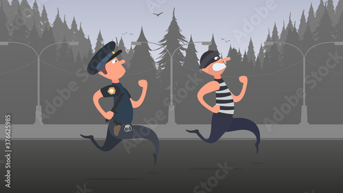 A policeman runs after a thief. A criminal escapes from the policeman.  Cartoon style. Vector.