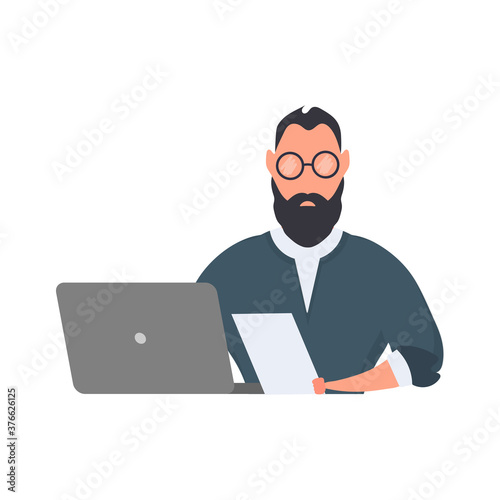 Businessman works at a laptop. A man in a jacket. Isolated. Vector.