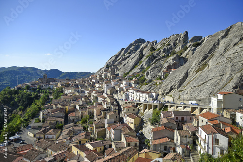 Panoramic view of Pietrapertosa, an old town in the mountains of the Basilicata region, Italy.