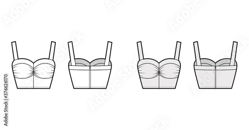 Cropped top technical fashion illustration with feminine sweetheart neckline, gently gathered bust, wide straps. Flat apparel tank template front, back white grey color. Women, men shirt camisole CAD