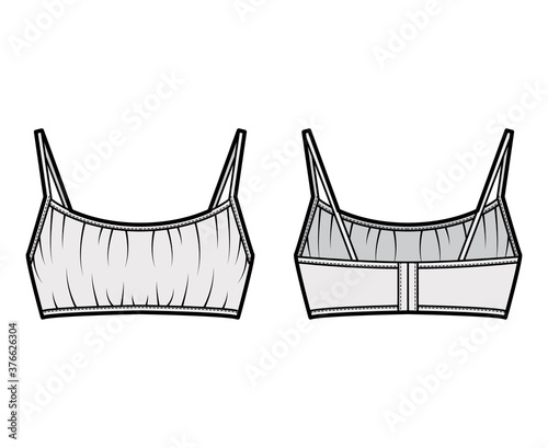 Cropped gathered at the front Bra top technical fashion illustration with back hook fastenings, shoulder straps. Flat swimwear lingerie template back, grey color. Women men unisex underwear CAD mockup