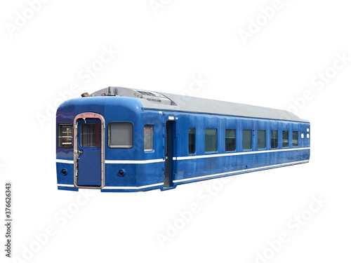 Vintage blue train on white background.