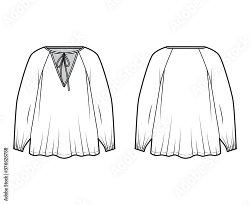 Tie-detailed neckline blouse technical fashion illustration with long raglan sleeves, oversized, elongated flare hem. Flat apparel shirt template front back white color. Women, unisex top CAD mockup