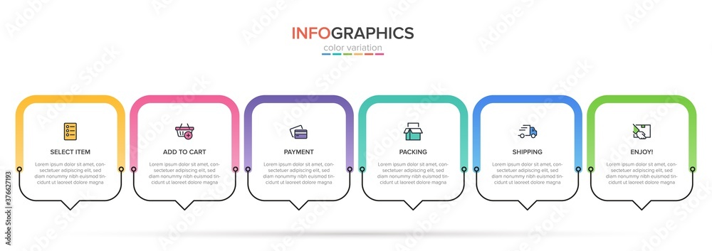Concept of shopping process with 6 successive steps. Six colorful graphic elements. Timeline design for brochure, presentation, web site. Infographic design layout.